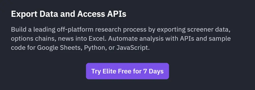 The Finviz export panel, which offers a Try Elite Free for 7 Days button instead of a download