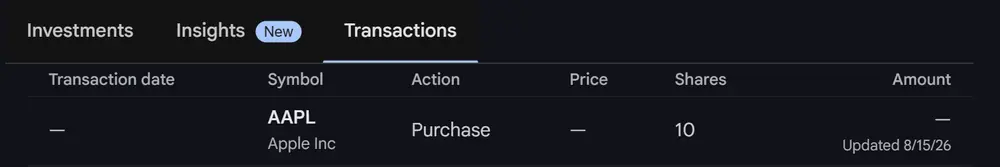 The Google Finance transactions tab showing an AAPL purchase with blank transaction date, price and amount