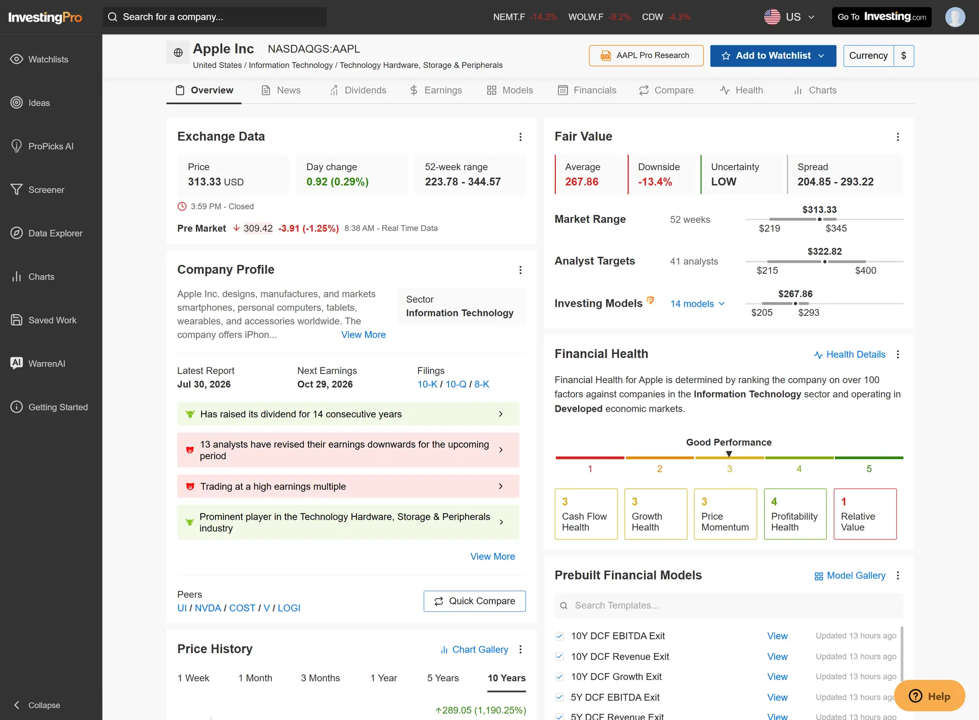 InvestingPro overview page for Apple showing price, Fair Value and Financial Health