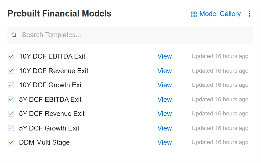 The first half of the prebuilt model library, showing the discounted cash flow templates