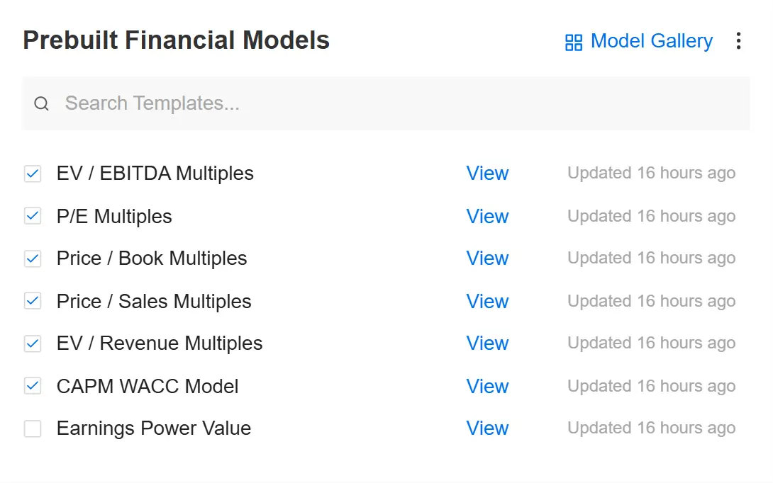 The second half of the library, showing the multiples templates with Earnings Power Value unchecked