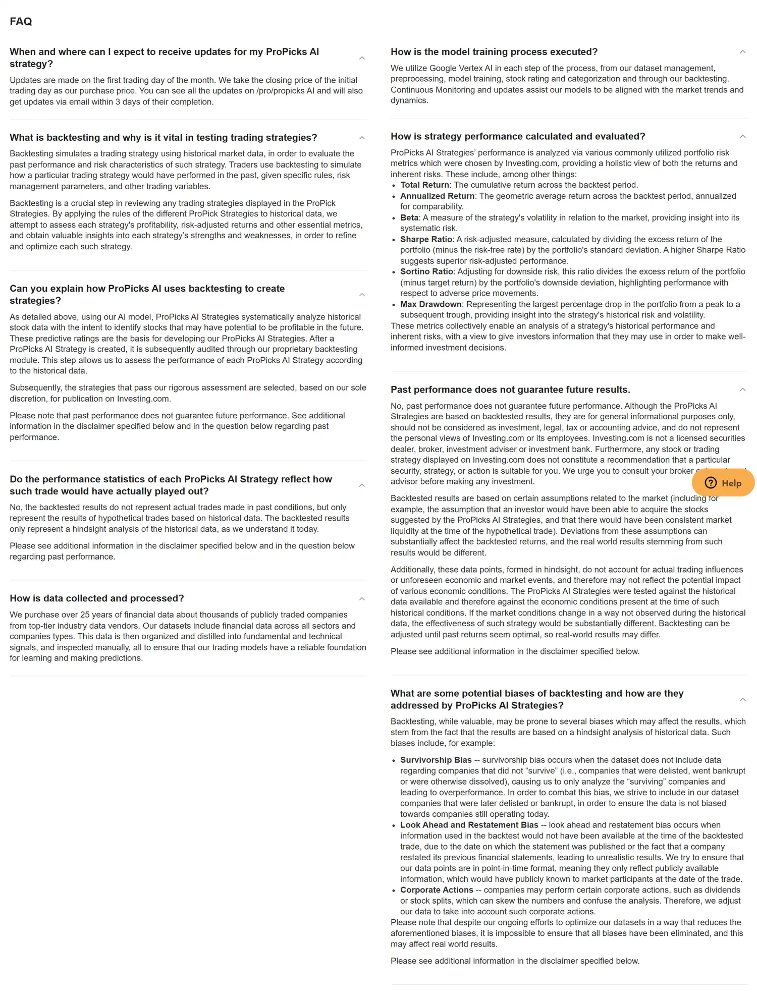 The ProPicks FAQ covering backtesting, hypothetical trades and known biases