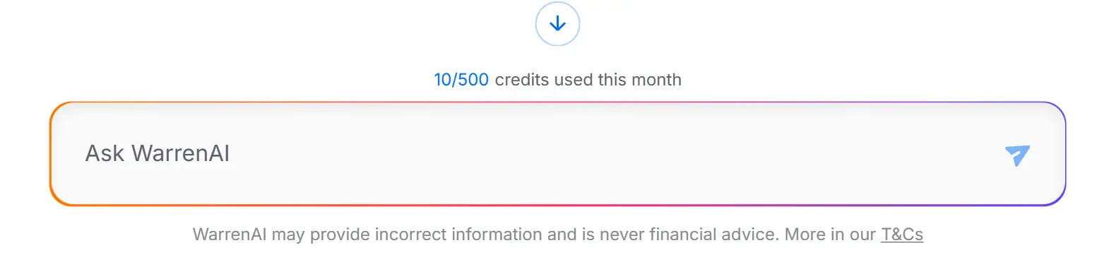 WarrenAI credit counter showing 10 of 500 used, with the accuracy disclaimer beneath