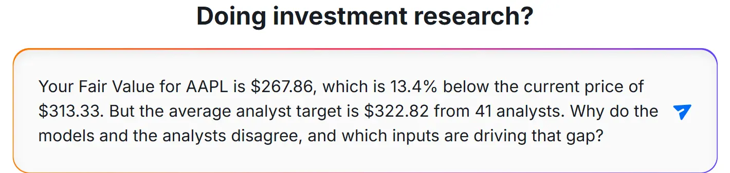 The question submitted to WarrenAI about the gap between Fair Value and analyst targets